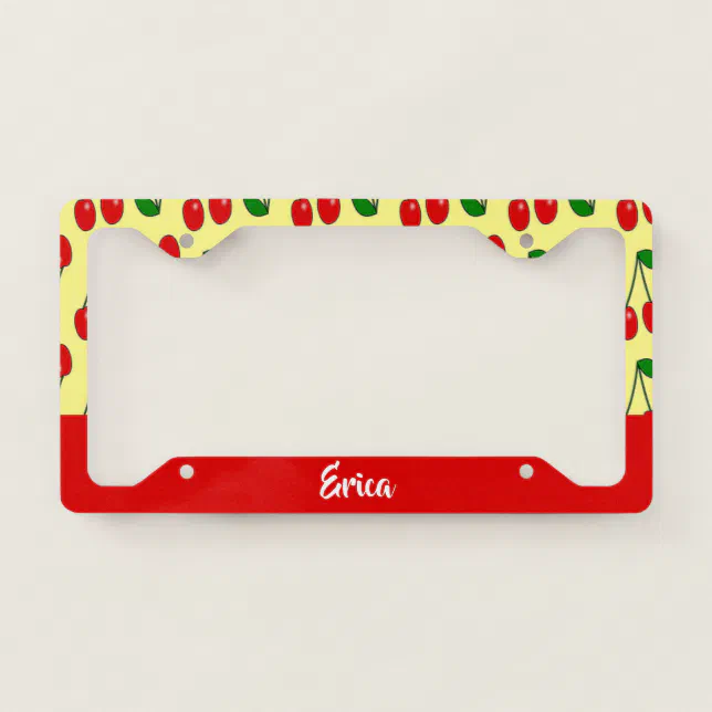 Custom name red cherries on yellow license plate frame | Zazzle