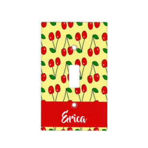 Custom name red cherries on yellow light switch cover