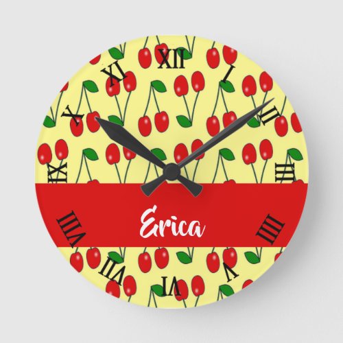 Custom name red cherries on yellow round clock
