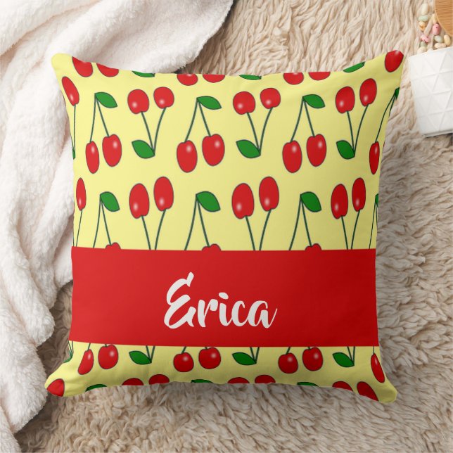 Custom name red cherries on yellow throw pillow (Blanket)