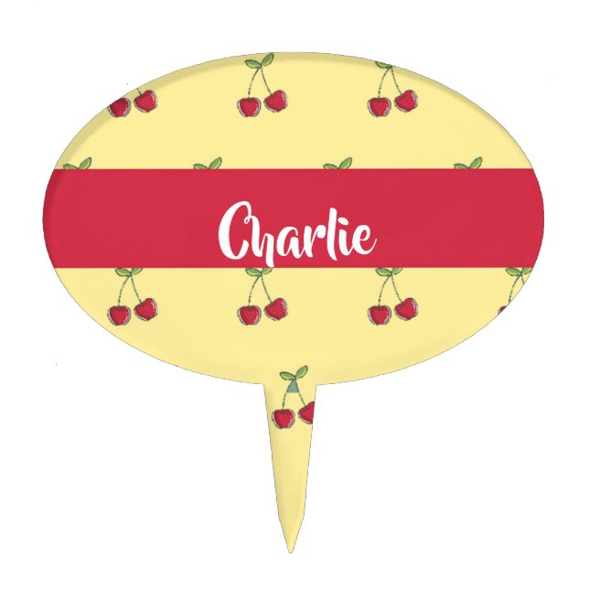 Custom name red cherries pattern cake topper (Front)