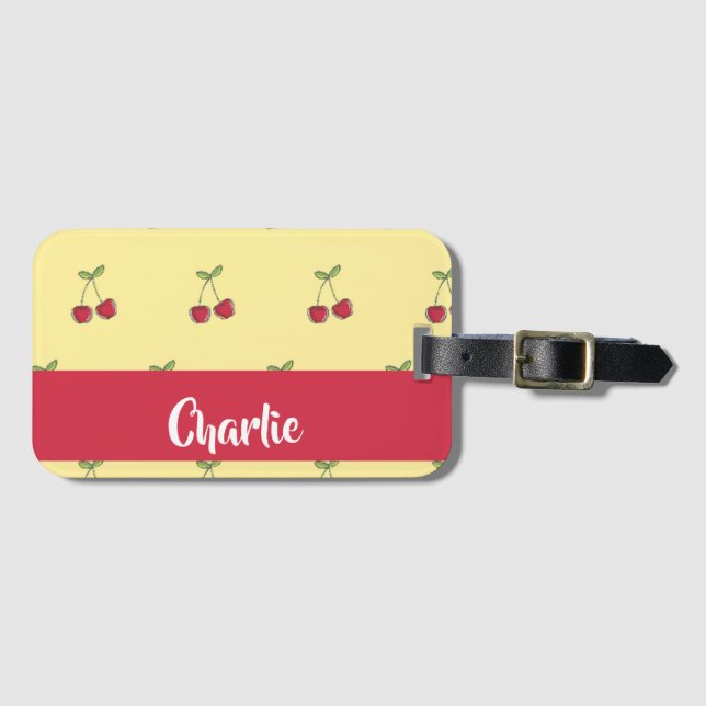 Custom name red cherries pattern luggage tag (Front Horizontal)