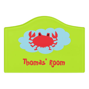 Custom name red crab on blue and green door sign