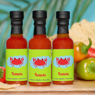 Custom name red crab on blue and green hot sauces