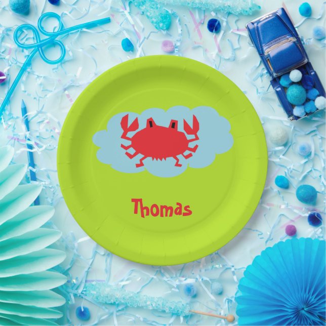 Custom name red crab on blue and green paper plates (Party)