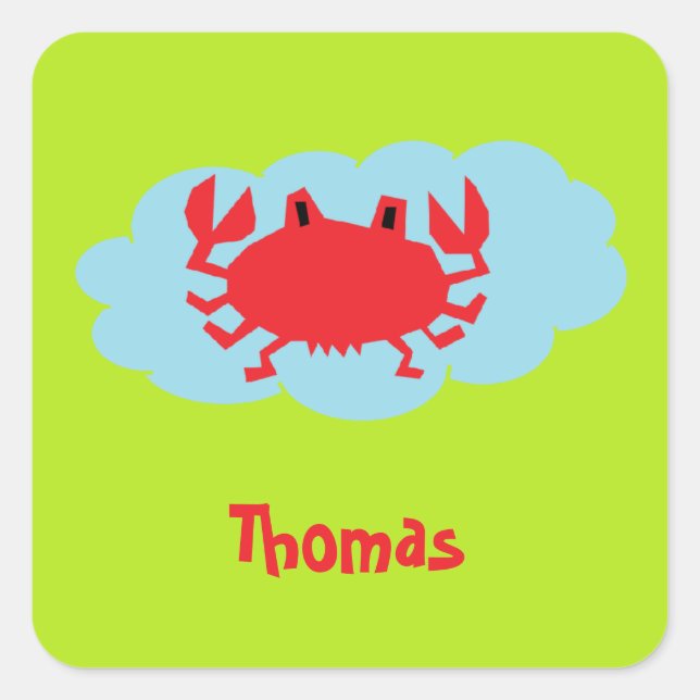 Custom name red crab on blue and green square sticker (Front)