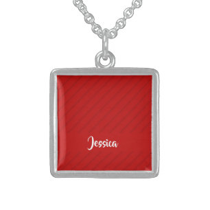 Custom name red diagonal plastic textured sterling silver necklace