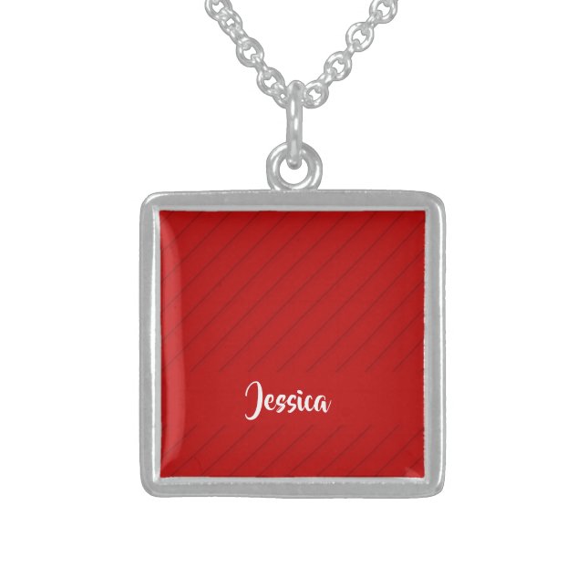 Custom name red diagonal plastic textured sterling silver necklace (Front)