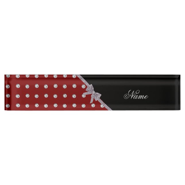 Custom name red diamonds silver glitter bow desk name plate (Front)