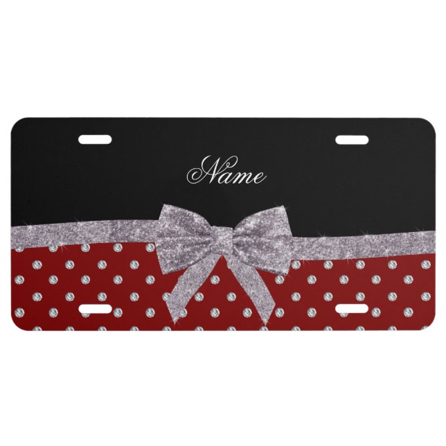 Custom name red diamonds silver glitter bow license plate (Front)