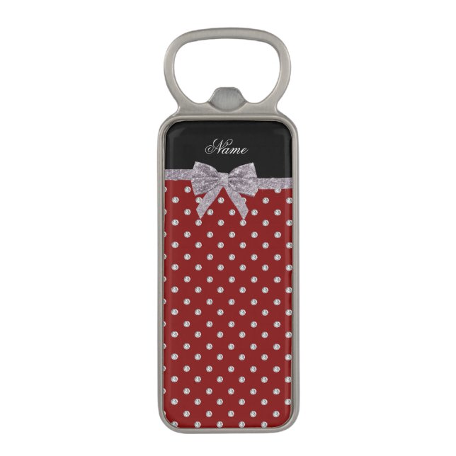 Custom name red diamonds silver glitter bow magnetic bottle opener (Front Vertical)