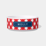 Custom Name Red Gingham Blue Label<br><div class="desc">Adorable custom name pet food bowl featuring a stylish red gingham pattern and blue label. Personalize it by replacing the placeholder text. For more options such as to change the font and it's size click the "Customize" button. *Please note that the Zazzle Watermark that appears in the zoom preview will...</div>