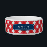 Custom Name Red Gingham Blue Label Bowl<br><div class="desc">Adorable custom name pet food bowl featuring a stylish red gingham pattern and blue label. Personalize it by replacing the placeholder text. For more options such as to change the font and it's size click the "Customize" button. *Please note that the Zazzle Watermark that appears in the zoom preview will...</div>