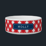Custom Name Red Gingham Blue Label Bowl<br><div class="desc">Adorable custom name pet food bowl featuring a stylish red gingham pattern and blue label. Personalize it by replacing the placeholder text. For more options such as to change the font and it's size click the "Customize" button. *Please note that the Zazzle Watermark that appears in the zoom preview will...</div>