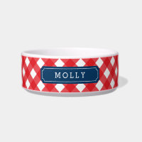 Custom Name Red Gingham Blue Label Bowl