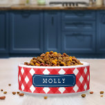 Custom Name Red Gingham Blue Label Bowl<br><div class="desc">Adorable custom name pet food bowl featuring a stylish red gingham pattern and blue label. Personalize it by replacing the placeholder text. For more options such as to change the font and it's size click the "Customize" button. *Please note that the Zazzle Watermark that appears in the zoom preview will...</div>