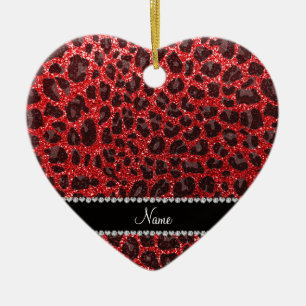 Custom name red glitter leopard spots ceramic ornament