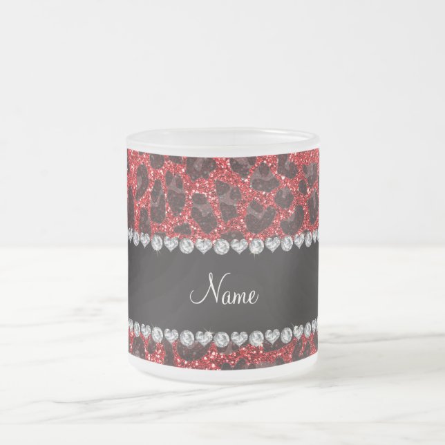 Custom name red glitter leopard spots frosted glass coffee mug (Center)