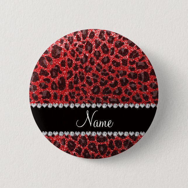 Custom name red glitter leopard spots pinback button (Front)