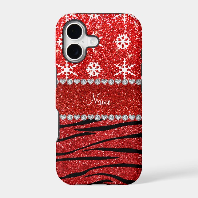 Custom name red glitter zebra snowflakes iphone case (Back)