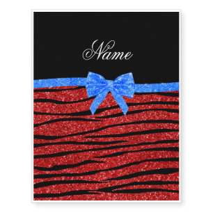Custom name red glitter zebra stripes blue bow temporary tattoos