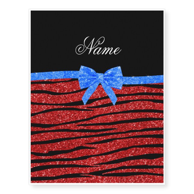 Custom name red glitter zebra stripes blue bow temporary tattoos (Front)