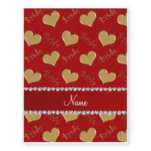 Custom name red gold bride hearts temporary tattoos