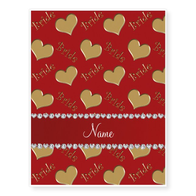 Custom name red gold bride hearts temporary tattoos (Front)