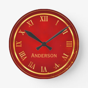Custom Name Red Gold Classy Elegant Roman Round Clock