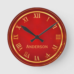 Custom Name Red Gold Classy Elegant Roman Round Clock