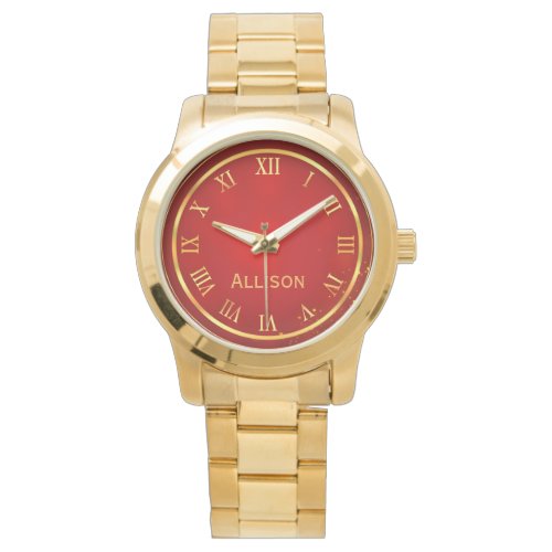 Custom Name Red Gold Classy Elegant Roman Watch
