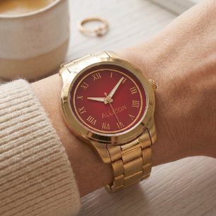 Custom Name Red Gold Classy Elegant Roman Watch