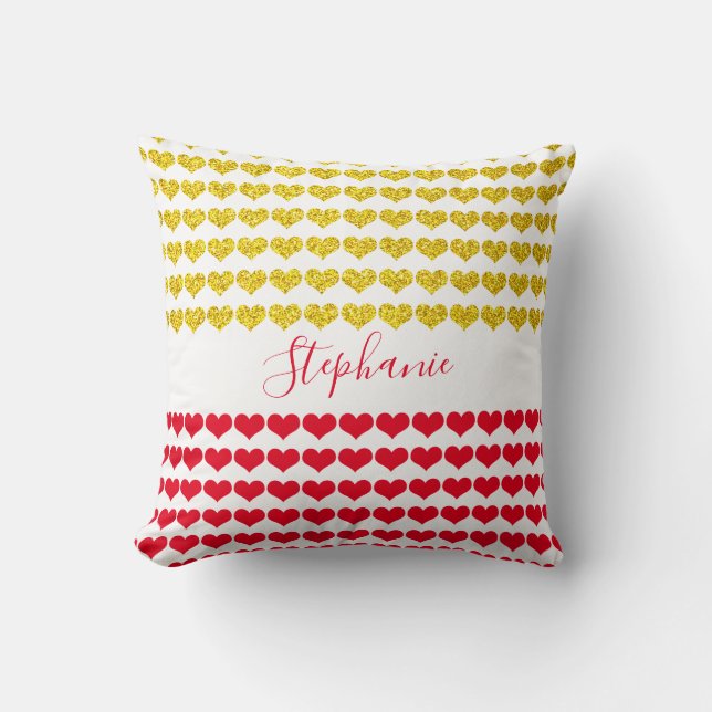 Custom Name Red Gold Glittery Hearts Gift Favor Throw Pillow (Front)