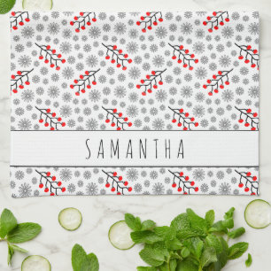 Custom Name Red Gray Scandinavian Floral Pattern Towel