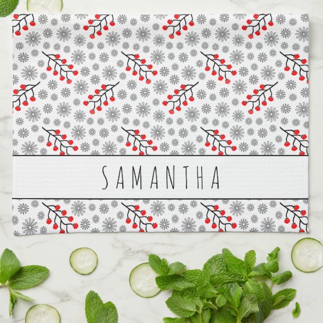 Custom Name Red Gray Scandinavian Floral Pattern Towel (Folded)