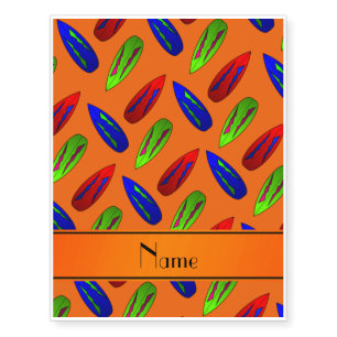 Custom name red green blue surfboards on orange temporary tattoos