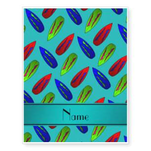 Custom name red green blue surfboards on turquoise temporary tattoos