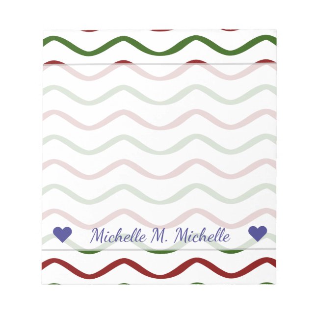 Custom Name + Red & Green Wavy Lines Pattern Notepad (Front)