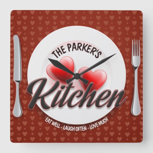 Custom NAME Red Hearts Family Diner Kitchen Square Wall Clock