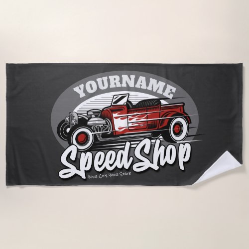 Custom NAME Red Hot Rod Roadster Speed Shop Garage Beach Towel