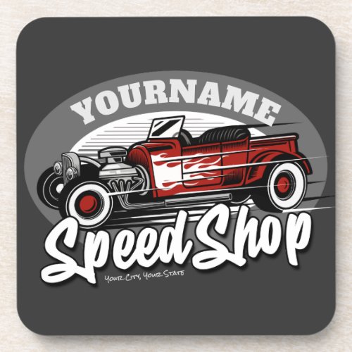 Custom NAME Red Hot Rod Roadster Speed Shop Garage Beverage Coaster