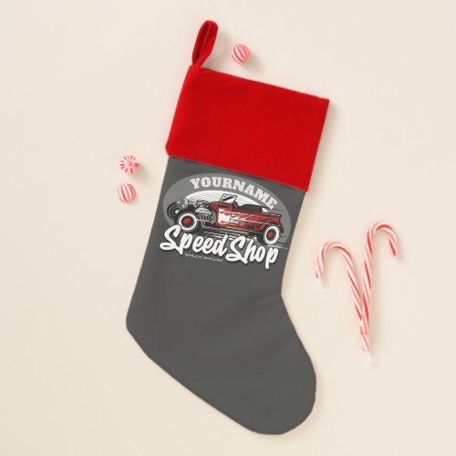 Custom NAME Red Hot Rod Roadster Speed Shop Garage Christmas Stocking