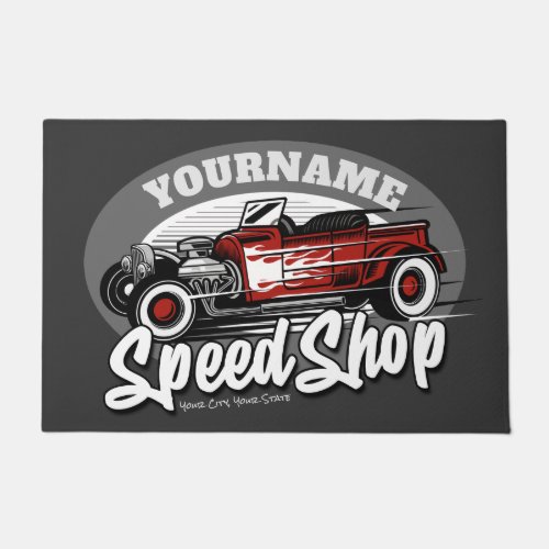 Custom NAME Red Hot Rod Roadster Speed Shop Garage Doormat