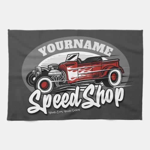 Custom NAME Red Hot Rod Roadster Speed Shop Garage Kitchen Towel