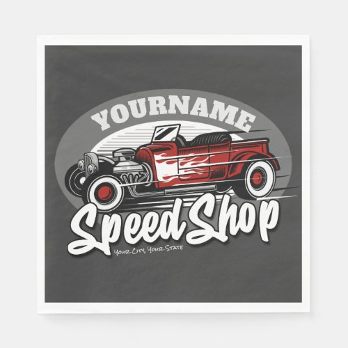 Custom NAME Red Hot Rod Roadster Speed Shop Garage Napkins