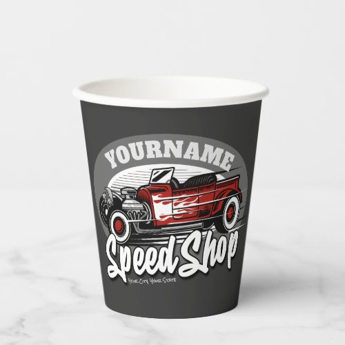 Custom NAME Red Hot Rod Roadster Speed Shop Garage Paper Cups