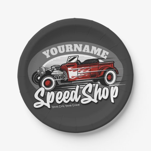 Custom NAME Red Hot Rod Roadster Speed Shop Garage Paper Plates