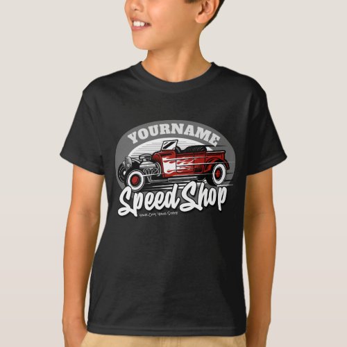 Custom NAME Red Hot Rod Roadster Speed Shop Garage T_Shirt