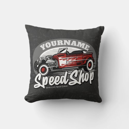 Custom NAME Red Hot Rod Roadster Speed Shop Garage Throw Pillow