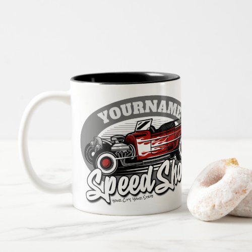 Custom NAME Red Hot Rod Roadster Speed Shop Garage Two_Tone Coffee Mug
